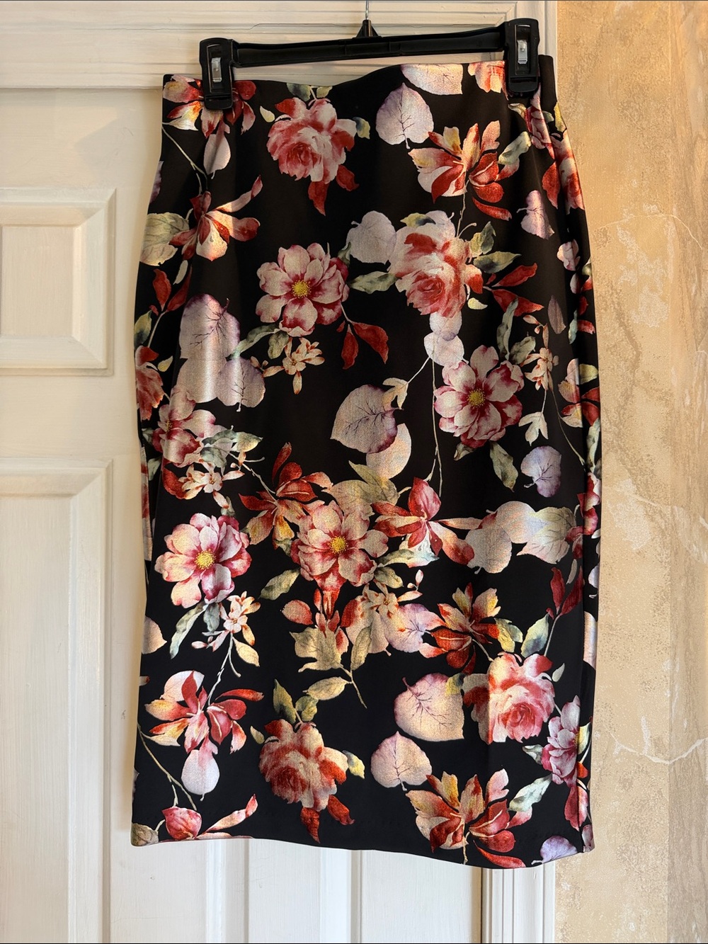 ECI Black Floral Pencil Skirt with Pink & Red Blooms
